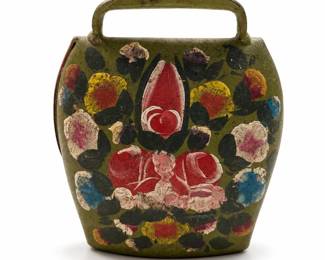 Hand-Painted Folk Art Cowbell, Floral Bouquet and Dotted Lattice
