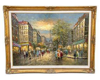 Paris Street Scene Oil Painting with Eiffel Tower, Signed, Ornate Gilt Frame