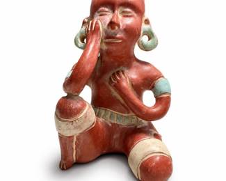 Pre-Columbian-Style Nayarit Chinesco Seated Clay Figure, Hand to Cheek