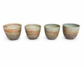 Studio Pottery Stoneware Tea Cups, Set of 4, Carved Crosshatch, Sage Glaze