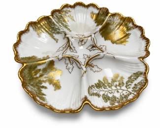 T&V Limoges Five-Well Porcelain Oyster Plate with Gilt Fern and Seaweed