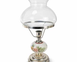 Floral Crackle-Glaze Ceramic and Brass-Tone Hurricane Lamp, Clear Glass Shade