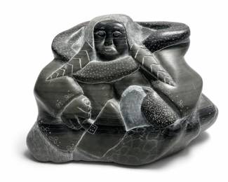 Sanikiluaq Inuit Argillite Carving of a Seated Woman with Braids, Igloo Tag