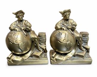 PM Craftsman Christopher Columbus and Globe Bookends, Pair