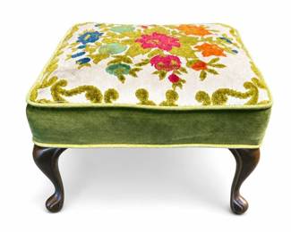 Vintage Floral Cut Velvet Footstool, Green Velvet Sides, Metal Cabriole Legs