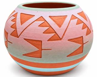 Len Randall (Little Buffalo) Sioux Etched Pottery Pot, Signed