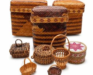 Porcupine Quill Birch Bark Box, Three Lidded Cane Baskets and Five Miniatures