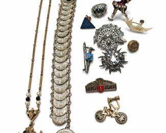 Ice Skater Brooch, RSROA Skating Pin, Mexican Coin Bracelet, Damascene Earrings