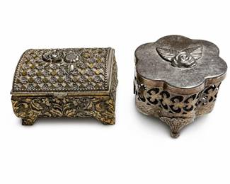 Vintage Japanese Gold-Tone Jewelry Casket and Silver-Tone Rose Trinket Box