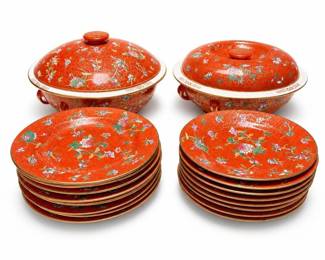 Coral-Ground Famille Rose Covered Tureens and Plates, Apocryphal Qianlong Mark