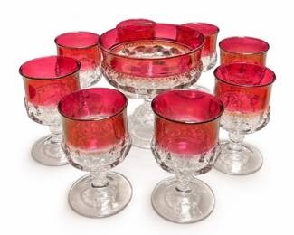 King's Crown Thumbprint Ruby-Flashed Glass, 8 Goblets and Pedestal Compote