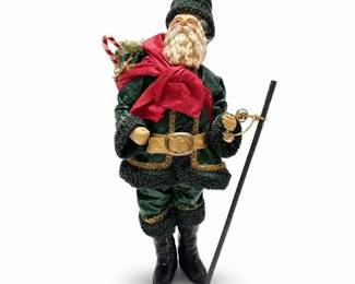 Possible Dreams Clothtique Santa in Green Coat with Staff and Toy Sack