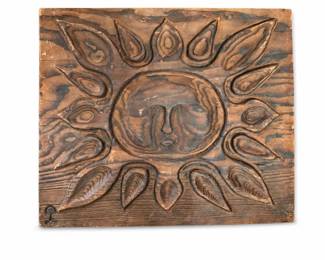 Carved Wood Sun Face Relief Wall Plaque with Teardrop Rays, Marked
