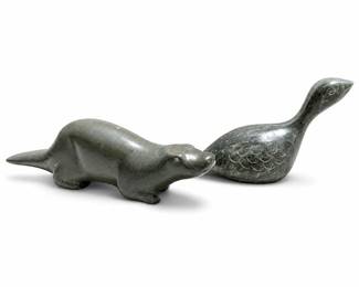 DIMU Signed Soapstone Water Bird and Carved Stone Otter