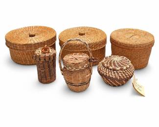 Coushatta Pine Needle Lidded Basket and Five Woven Lidded Baskets