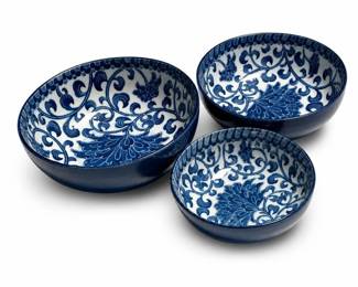 Three Graduated Blue and White Porcelain Bowls with Floral Scroll Interiors