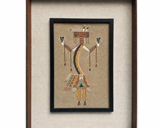 Navajo Sand Painting of a Rainbow People Yei with Feather Rattles, Dated 1972