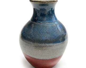Hand-Thrown Stoneware Vase in Blue, White and Red Glazes, Incised Mark