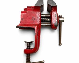 Small Red Cast Iron Clamp-On Bench Vise with Twin Guide Rods