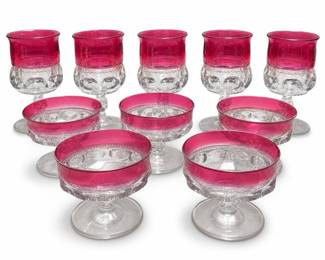 King's Crown Cranberry Flashed Thumbprint Glass, 5 Goblets and 5 Sherbets