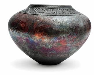 Gay Liebert Iridescent Copper Raku Pot with Incised Collar, Signed