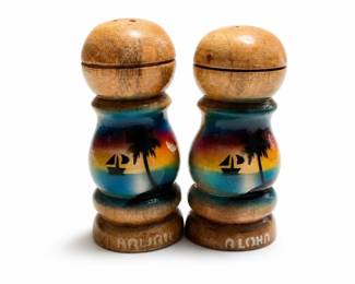 Hawaii Aloha Souvenir Wood Salt and Pepper Shakers, Sunset Palm and Sailboat