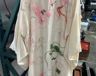 Cream Kimono-Style Robe with Embroidered Pink and Green Dragons