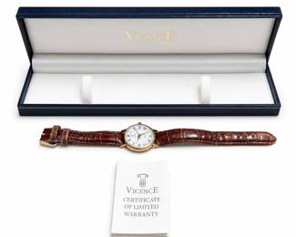 Vicence Milor 14K Gold Round Quartz Watch, White Date Dial, Brown Strap, Box