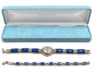 Aria Sterling Silver Lapis Lazuli Swiss Quartz Watch and Lapis Link Bracelet