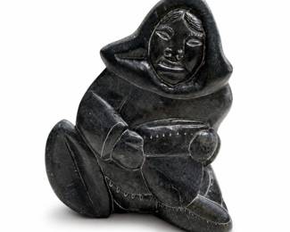 Inuit Stone Carving of Woman in Amauti Holding a Bowl, Dated 1978, Igloo Tag