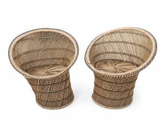 Pair of Rattan Low-Back Peacock Barrel Chairs with Black Trim