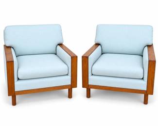 Pair of Mid-Century Modern Style Wood-Frame Cube Lounge Chairs, Extra Fabric