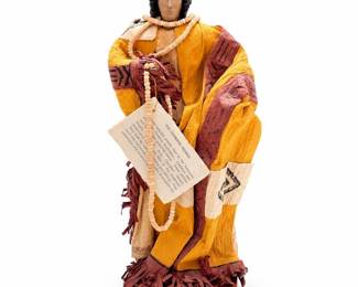 Cherokee Figure in Hand-Painted Paper Robes on Wood Base, History Card