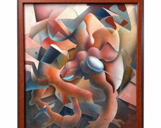 Signed Airbrushed Abstract Painting with Biomorphic and Geometric Forms, Framed