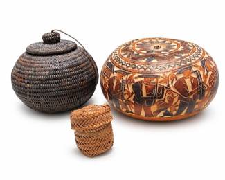 Peruvian Carved Gourd Box, Indonesian Rattan and Tarahumara Lidded Baskets
