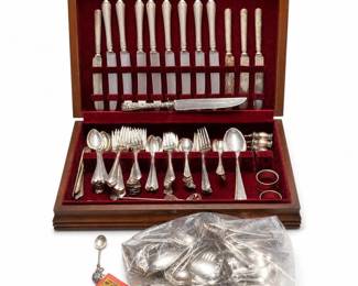 Sterling Silver Flatware & Mixed Utensils with Kirk Repoussé Servers, Wood Chest