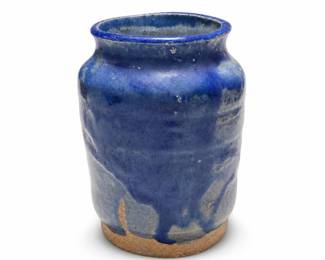 Studio Pottery Wheel-Thrown Stoneware Vase, Cobalt Blue Drip Glaze