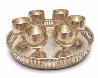Silver-Plated Cordial Set, Six Goblets on a Pierced Gallery Tray, India