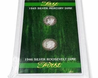 Last 1945 Silver Mercury Dime and First 1946 Silver Roosevelt Dime Set