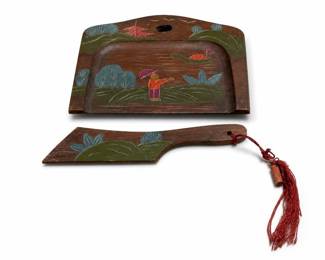 Carved and Painted Wooden Crumb Tray and Scraper, Pagoda Landscape Scene