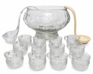 Jeannette Fruit Pattern Clear Glass Punch Bowl Set, 12 Cups, Original Box