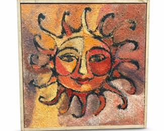 Textured Sun Face Painting, Signed Moller, in Green Painted Frame
