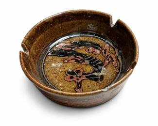 Otagiri Stoneware Ashtray, Hand-Decorated Bird and Pink Blossoms