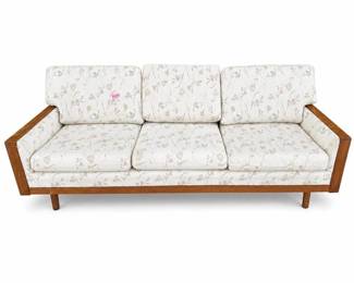 Mid-Century Modern Three-Seat Wood Case Sofa, Floral Upholstery