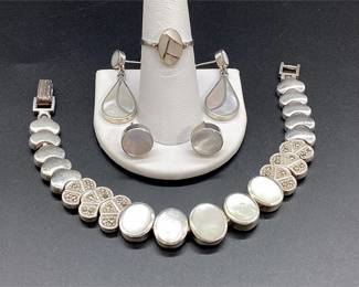 Sterling Silver Mother-of-Pearl Bracelet, Ring and Two Pairs of Earrings