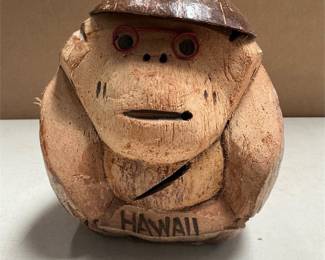 Hawaii Carved Coconut Monkey Coin Bank with Wire Spectacles and Shell Cap