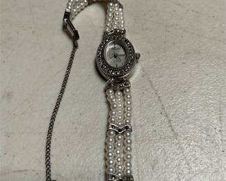 Lucida Marcasite Oval Quartz Watch on Triple-Strand Faux Pearl Bracelet