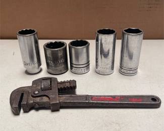 Snap-on, Proto, Craftsman and Thorsen Large SAE Sockets with Pipe Wrench