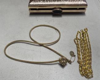 Rose Gold-Tone Textured Box Clutch with Lion Head Snake Chain Belt and Chains