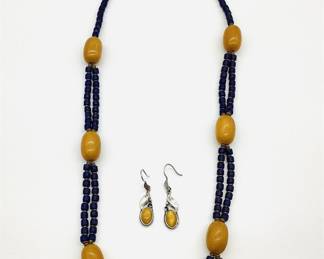 Yellow Bakelite and Cobalt Blue Bead Necklace with Leaf Drop Earrings